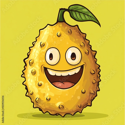 A cartoon jackfruit with a goofy smile