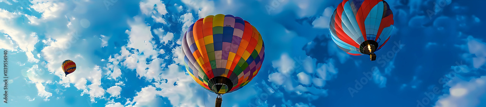 Obraz premium Hot Air Balloon Adventure: Soaring Through the Sky with Clouds