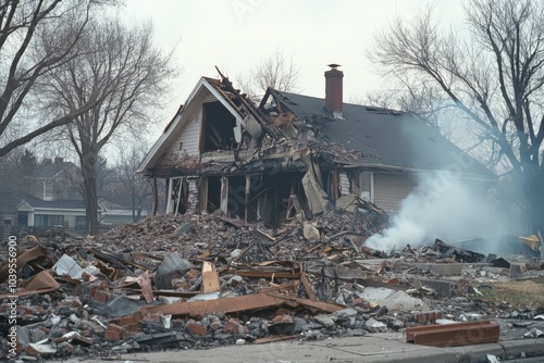 A once stable house now half-collapsed with smoke emanating from it, signifying the wreckage and repercussions of an unfortunate event in vivid detail. photo