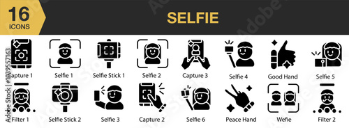 Selfie solid icon set. Includes capture, filter, good hand, selfie, stick, and More. Solid icons vector collection.