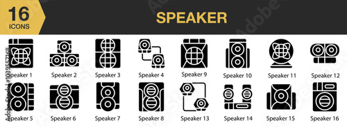 Speaker solid icon set. Includes speaker icons, and More. Solid icons vector collection.