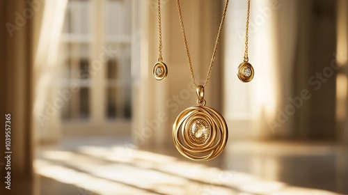 Elegant 3D gold necklace a shimmering stone locket complemented by matching earrings suspended on a soft minimalistic background that enhances the beauty and simplicity of the design