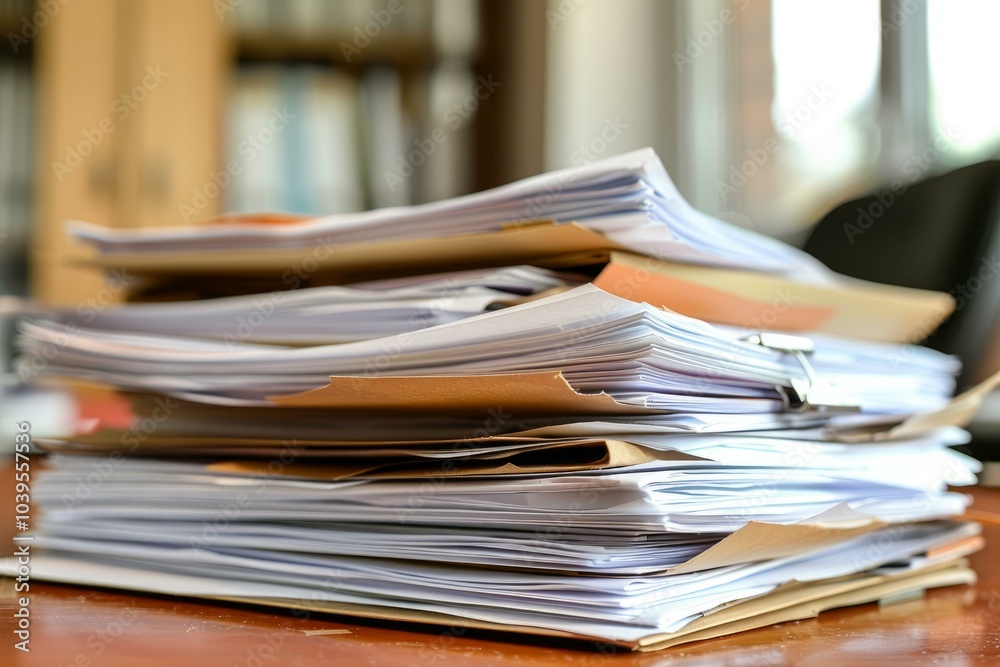 Stack of paperwork sits on a desk, awaiting review Stack of paperwork sits on a desk, awaiting review