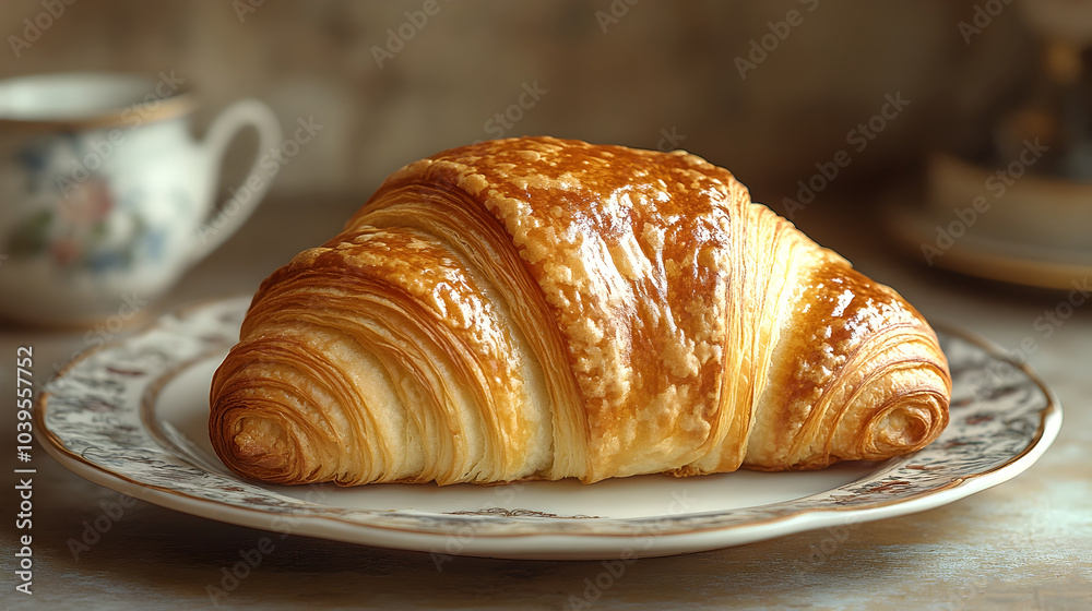 Freshly baked golden croissant on a ceramic plate resting on a rustic wooden background,showcasing the flaky,buttery texture and classic French bakery style. Freshly baked golden croissant on a ceramic plate resting on a rustic wooden background,showcasing the flaky,buttery texture and classic French bakery style.