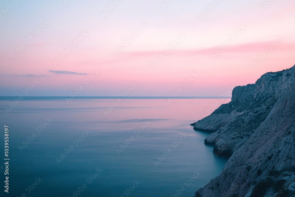 Cliffs create a striking silhouette against the soft pink hues of the horizon, where the sea meets the sky in a harmonious blend of color and form. Cliffs create a striking silhouette against the soft pink hues of the horizon, where the sea meets the sky in a harmonious blend of color and form.
