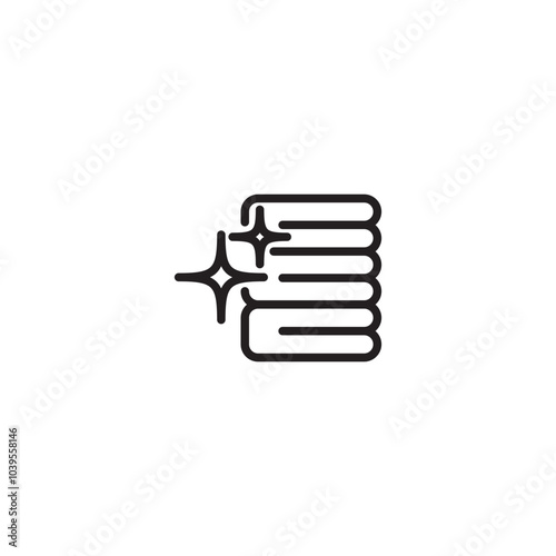 A stack of clean laundry with a sparkle above it. A line drawing of a stack of folded laundry with a sparkle next to it, symbolizing freshness and cleanliness.