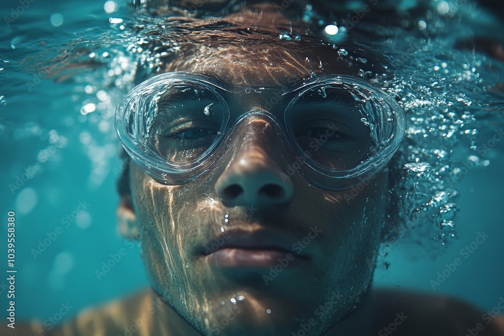 Fototapeta premium Male swimmer Under Water in Pool, Generative AI