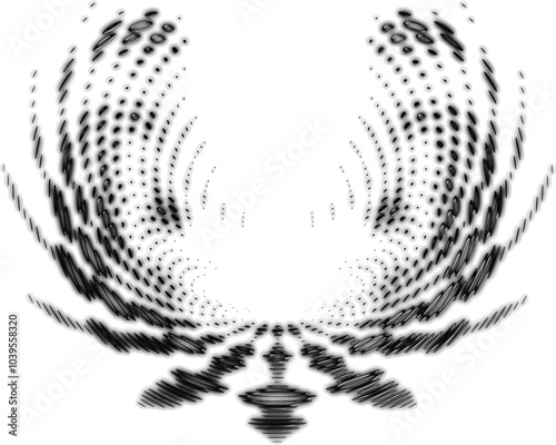 A glittering frame of glossy swirling balls or dots in the shape of rising phoenix wings. Volumetric vector.