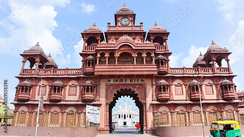 Huge entrance gate of BAPS Shri Swaminarayan Mandir, Rajkot, Gujarat, India.