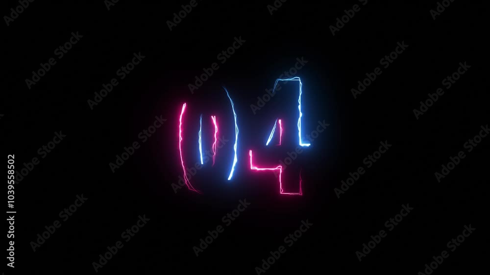 Animated neon number 4. blue and pink looping trendy glowing neon numeric number four. Educational mathematics concept with neon letter 4k.
