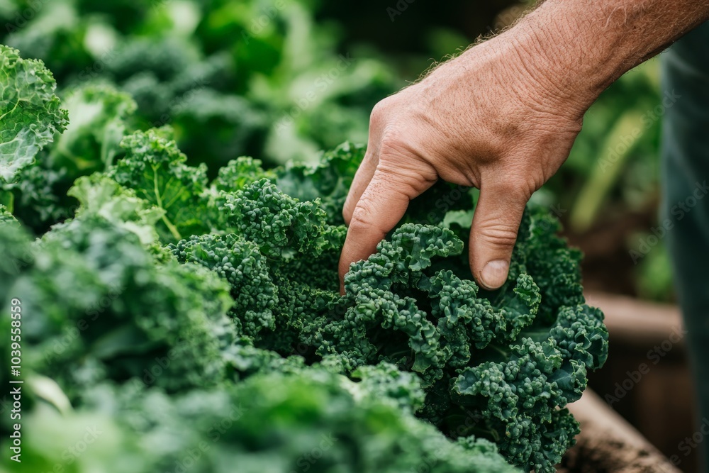 Close-up of a hand gently touching fresh, vibrant kale leaves growing in a garden, showcasing the bountiful and healthy greenery of the vegetable patch. Close-up of a hand gently touching fresh, vibrant kale leaves growing in a garden, showcasing the bountiful and healthy greenery of the vegetable patch.