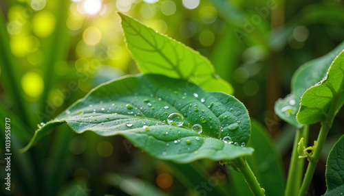 Green Leaf with Water Droplets in Sunlight, Nature Close-Up