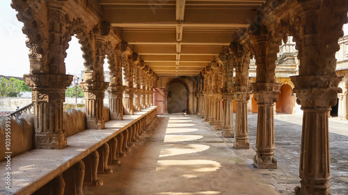 View of the carved arches of the courtyard of Naulakha Palace, Gondal, Rajkot, Gujarat, India. photo
