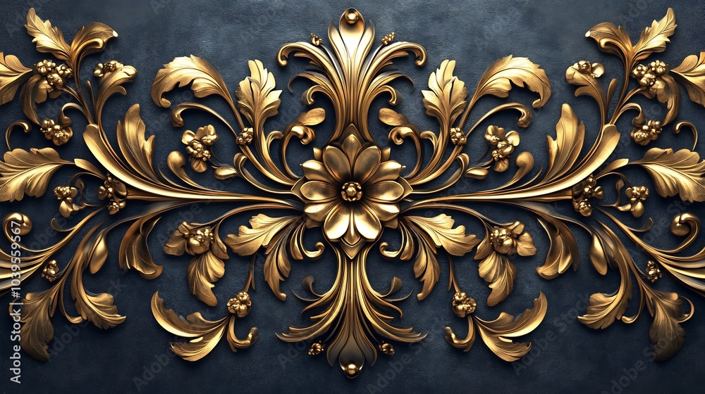 Elegant Baroque ornamentation swirling golden floral patterns and intricate leaf filigree arranged in a luxurious 3D design set against a minimalist background for a vintage look Elegant Baroque ornamentation swirling golden floral patterns and intricate leaf filigree arranged in a luxurious 3D design set against a minimalist background for a vintage look