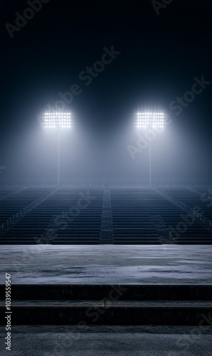 Empty stadium bleachers lit by lights.