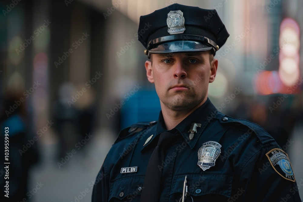 Obraz premium Portrait of a young policeman wearing a uniform and a badge, standing in the city
