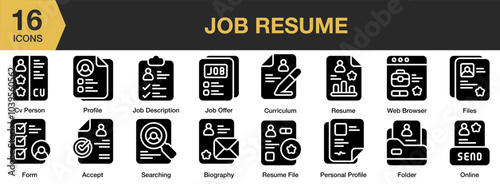 Job Resume solid icon set. Includes web browser, searching, resume, file, profile, and More. Solid icons vector collection.