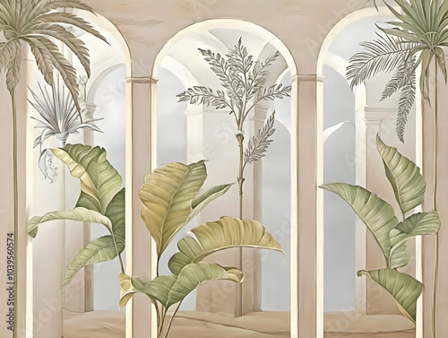Botanical wallpaper in boho style. Tropical plants with a view of arches in the wall. Arches in the wall with a view of palm trees and plants.
