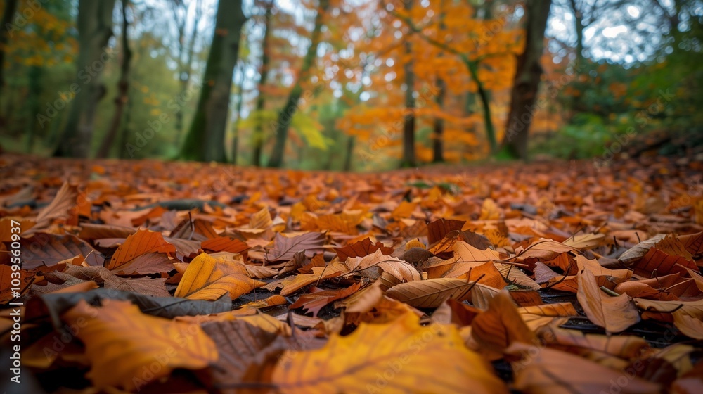 Vibrant orange and yellow autumn leaves scattered on the ground in a peaceful woodland clearing. Vibrant orange and yellow autumn leaves scattered on the ground in a peaceful woodland clearing.