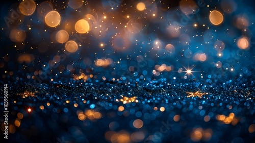 Glittery blue background with golden stars and space for text, perfect for festive messages or holiday greetings. Suitable for Christmas and New Year celebrations.