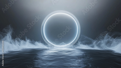 Blue neon circle with a light on a gray background.
