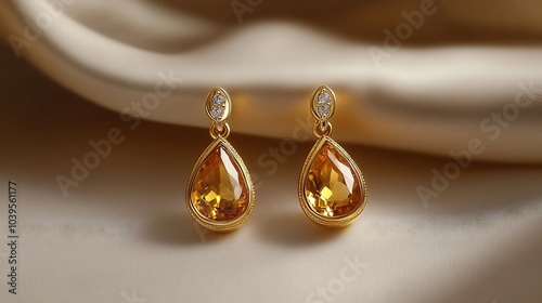 Elegant gold drop earrings teardropshaped gemstones resting on a clean minimalistic background showcasing their delicate design and luxurious appeal photo