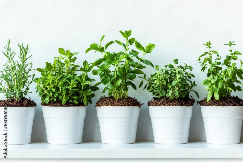 Fototapeta premium Variety of aromatic herbs and plants growing in white pots on a clean indoor shelf featuring rosemary basil and parsley creating a fresh and minimalist kitchen decor look