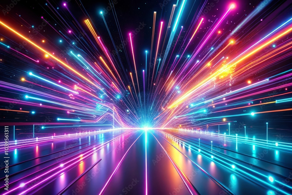 Fototapeta premium Neon futuristic flashes on black background. Motion light lines backdrop. For banner, postcard, illustration. Created with generative AI tools