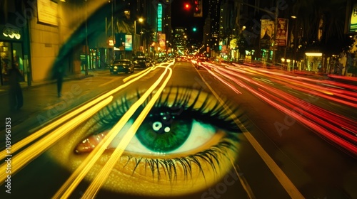  A tight shot of an eye, focused intently amidst a bustling city street at night Cars whizz past, their headlights casting flickering beams