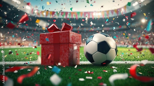 A brightly wrapped gift box and a soccer ball sit side by side on a soccer field, with festive confetti and colorful banners filling the background.