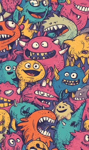 Colorful cartoon monsters with big teeth.