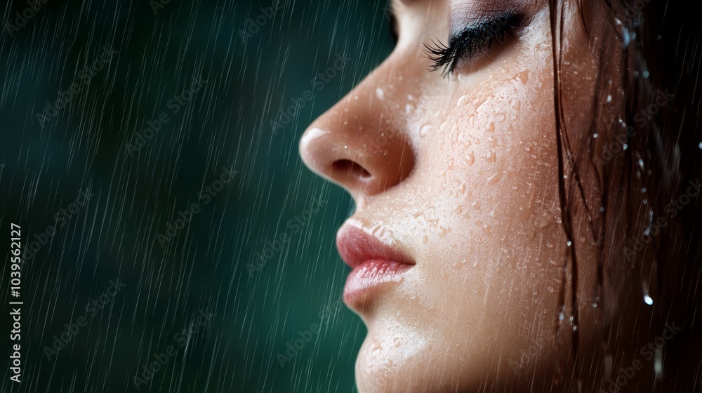  A woman's face, tightly framed, as rain cascades down, backdrop of verdant green