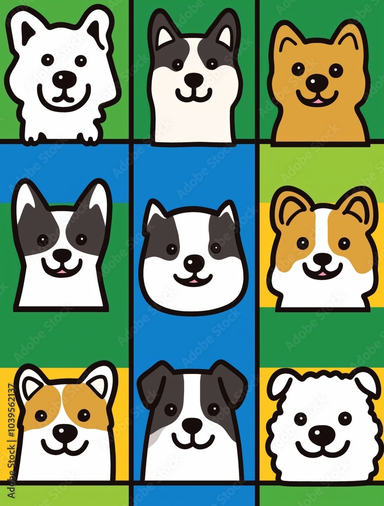 Fototapeta premium Cute cartoon dogs looking up smiling on colorful background