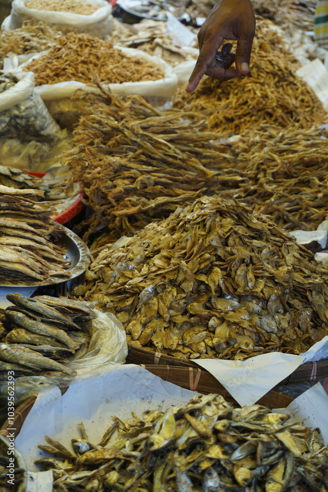 Mixed dried fish are displayed and sold at a fish market, Different types of dried fish are sold by a street vendor, All types of dried salted fish in the Asian biggest seafood market
