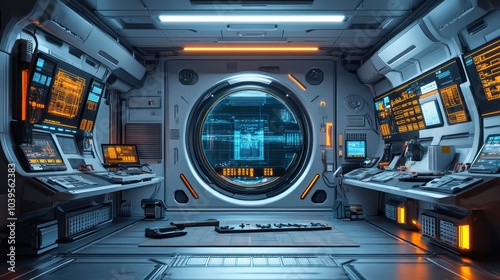 Futuristic control room with a circular viewport and advanced displays. photo