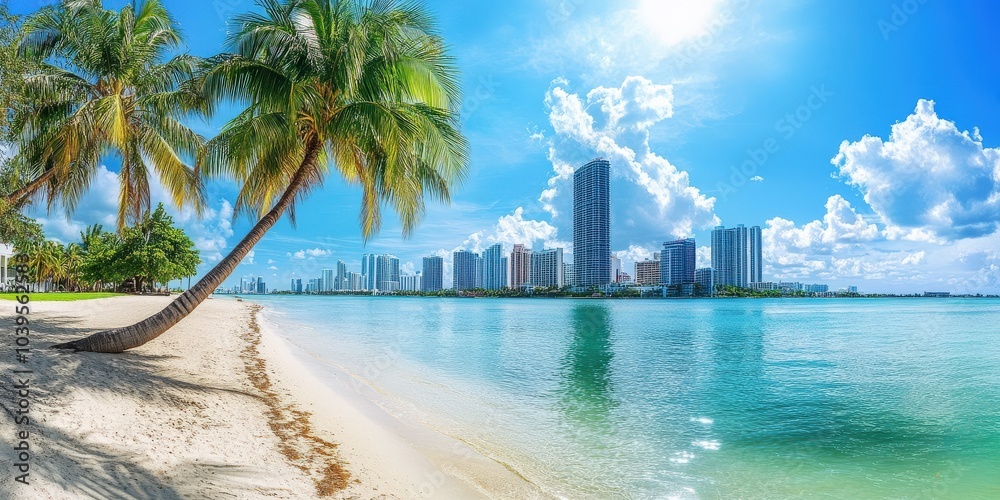 Naklejka premium Downtown Miami Skyline Panoramic View. Florida USA Cityscape with Biscayne Bay and Blue Sky