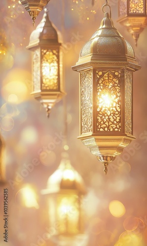 Ornate gold lanterns glowing in a warm blur.