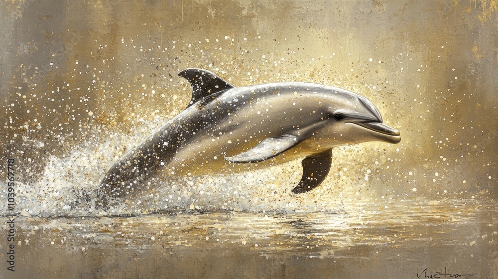Obraz premium A dolphin arches through the air, leaping from golden waters with vibrant splashes, capturing the magic of the setting sun on the horizon.