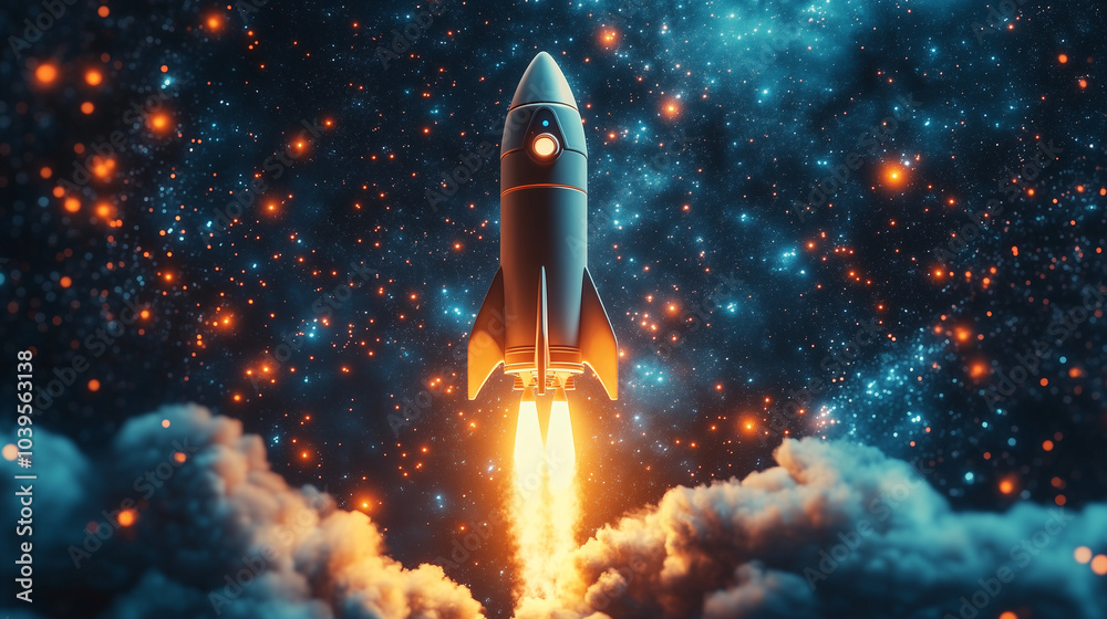 A rocket soaring high above the earths atmosphere through fluffy clouds. Concept Space Exploration. A rocket soaring high above the earths atmosphere through fluffy clouds. Concept Space Exploration.