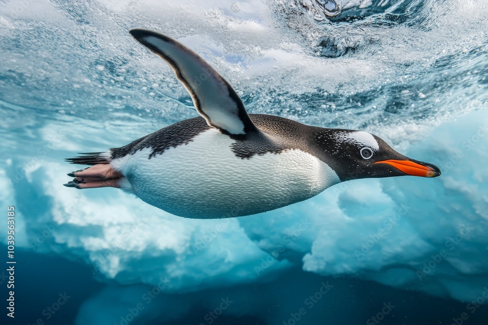Fototapeta premium A penguin effortlessly navigates the icy underwater realm, showcasing its grace and agility, surrounded by the mesmerizing beauty and chill of the frozen habitat.