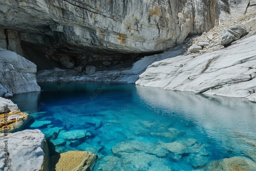 Naklejka premium An enchanting cave with a pool of vibrant blue water, surrounded by rugged rocks, offering a sense of mystery and seclusion, inviting exploration and wonder.