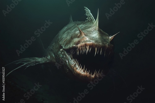 A terrifying underwater creature is shown with razor-sharp teeth and multiple spikes. It emerges from the depths, showcasing a threatening and frightening appearance. photo