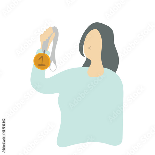 woman holding gold medal illustration vector isolated on white background