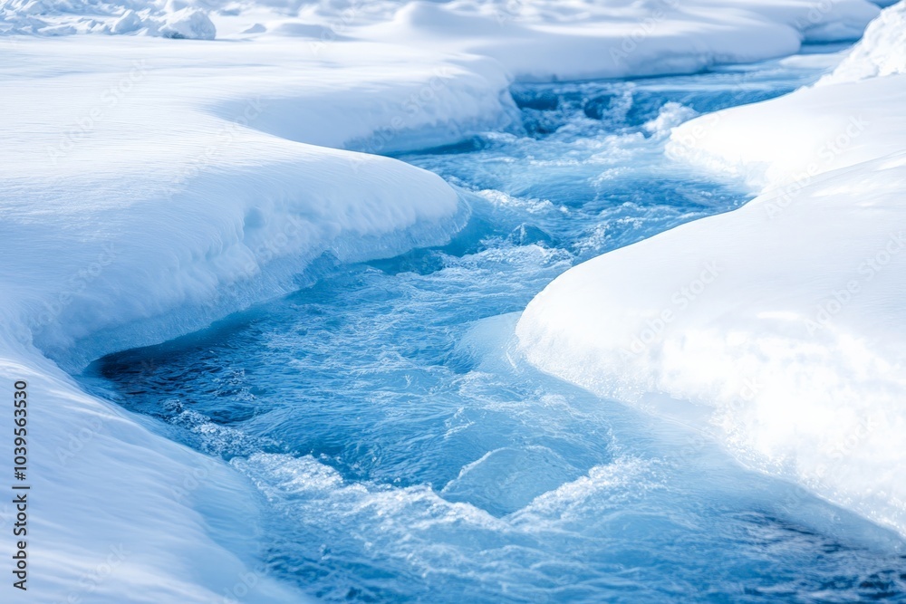 A mesmerizing winter scene of a snow-covered river weaving smoothly through white Arctic banks under a clear blue sky, emanating tranquility and pristine cold beauty. A mesmerizing winter scene of a snow-covered river weaving smoothly through white Arctic banks under a clear blue sky, emanating tranquility and pristine cold beauty.