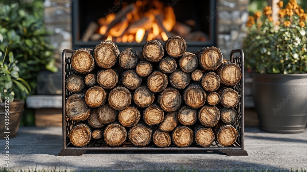 A neatly stacked log holder in front of a cozy fireplace. A neatly stacked log holder in front of a cozy fireplace.