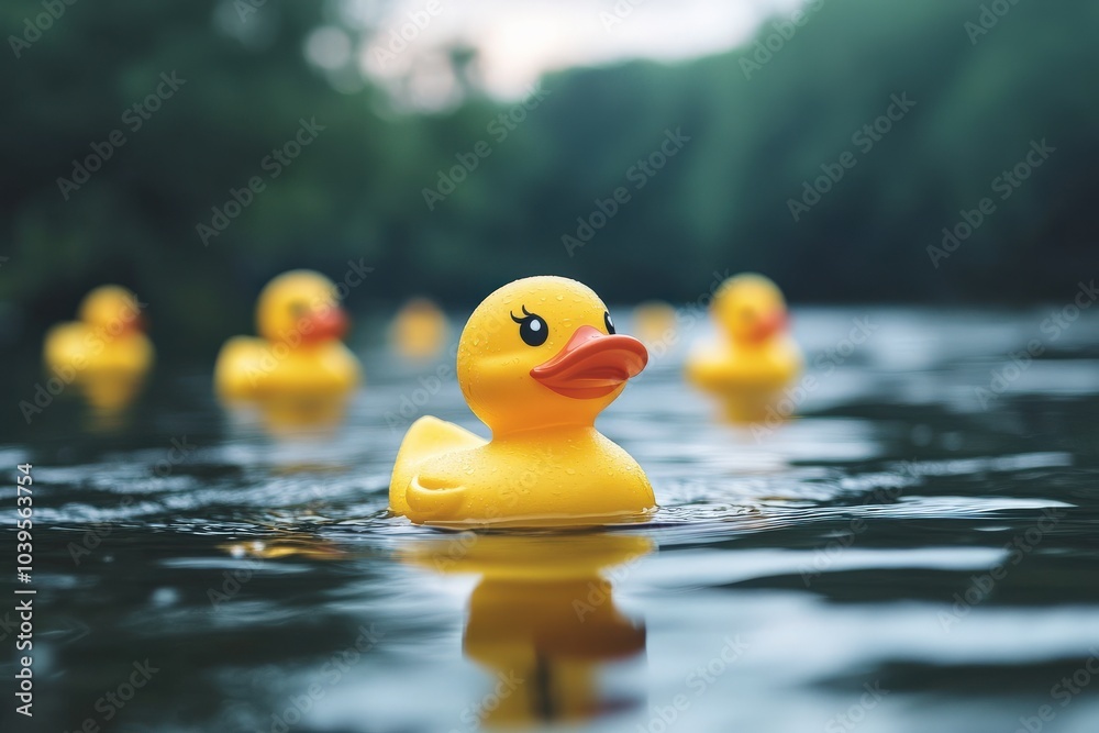 Duck Race. Yellow Rubber Ducks Competing in a Fun Water Race Game Duck Race. Yellow Rubber Ducks Competing in a Fun Water Race Game