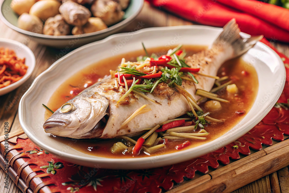 Steamed fish with ginger in Chinese New Year festival Steamed fish with ginger in Chinese New Year festival