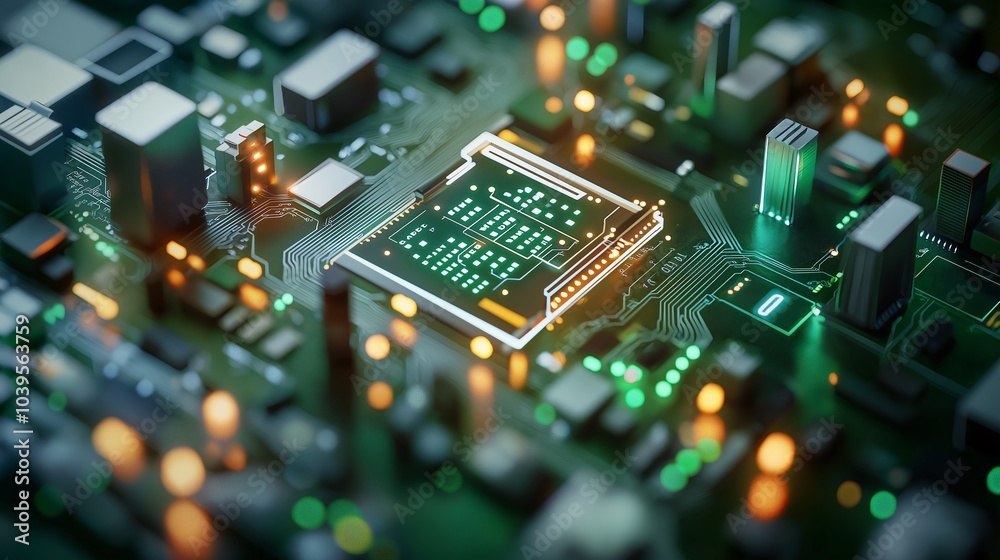 Obraz premium The Heart of Innovation: A close-up, 3D rendering of a glowing, illuminated processor chip at the center of a complex, futuristic motherboard.
