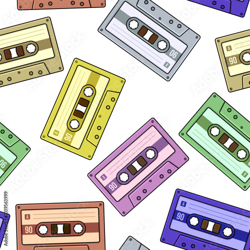 Cassette tape collection in retro vibes seamless pattern background