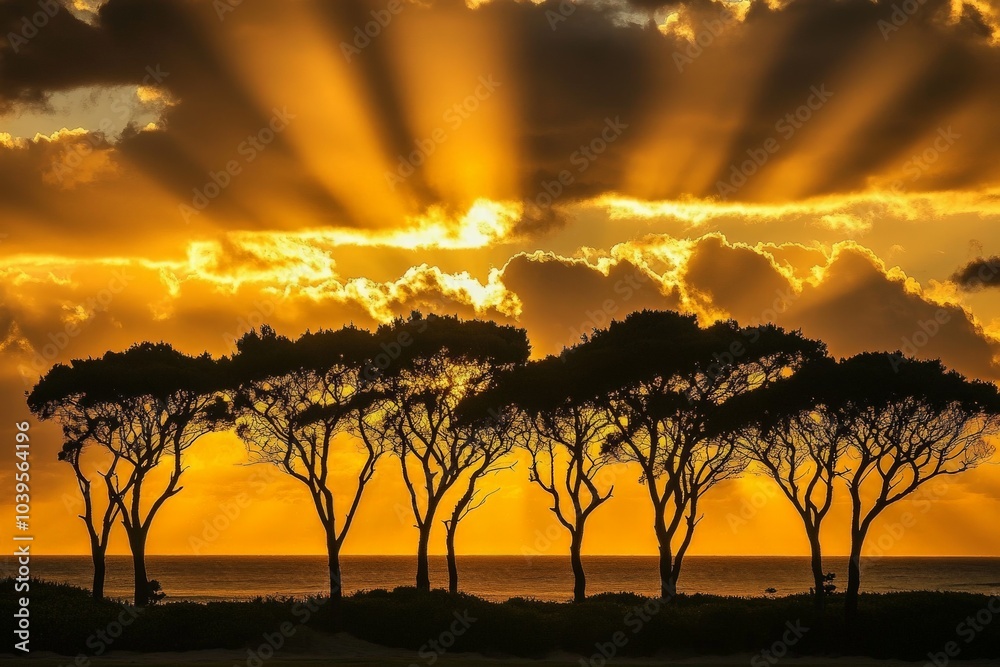 Fototapeta premium A dramatic sunset scene with silhouetted trees, where vibrant sunrays burst through the clouds, creating a powerful and visually striking artwork.